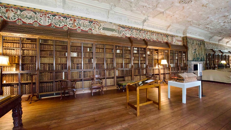Book presses containing Sir Richard Ellys' collection in the Long Gallery, Blickling Estate